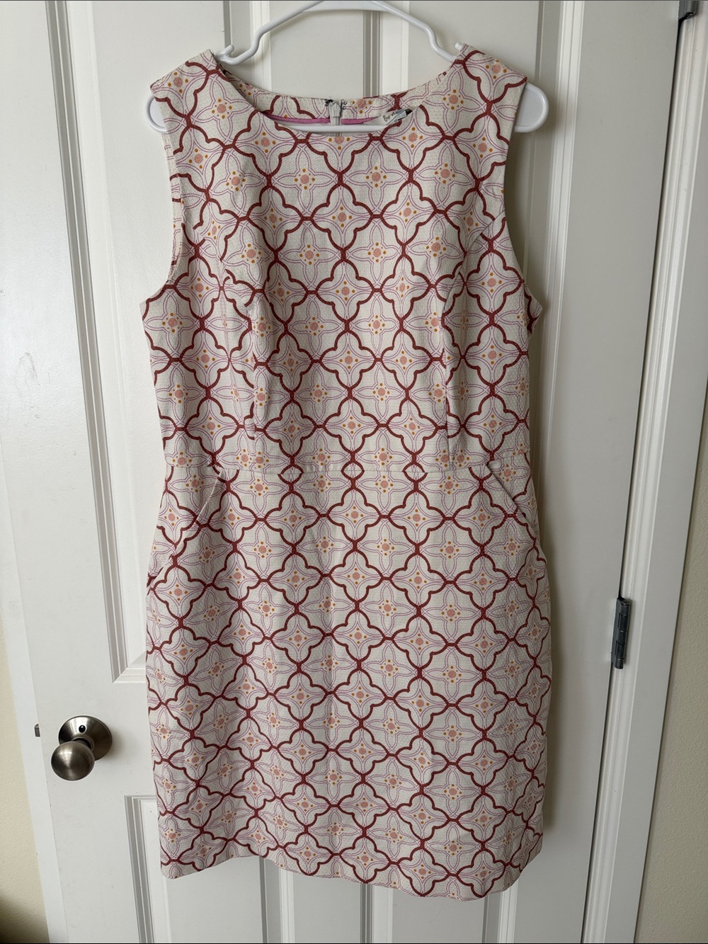 Boden Cream Sleeveless Sheath Dress with Red Tile Print